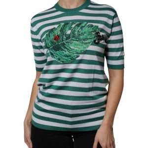 White Green Stripe Leaf Crew Neck T-shirt