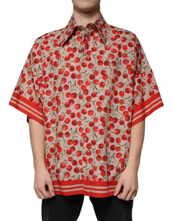 Beige Cherry Button Down Men Casual Shirt - Image 2