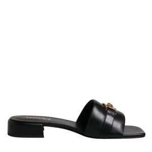 Black Leather Logo Plaque Slip On Slides Flats Shoes