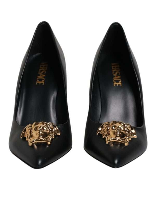 Black Leather Logo Plaque High Heels Pumps Shoes - Image 2