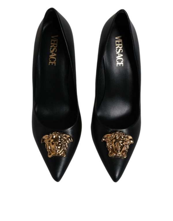 Black Leather Logo Plaque High Heels Pumps Shoes - Image 3