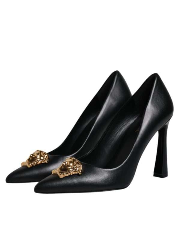Black Leather Logo Plaque High Heels Pumps Shoes - Image 4