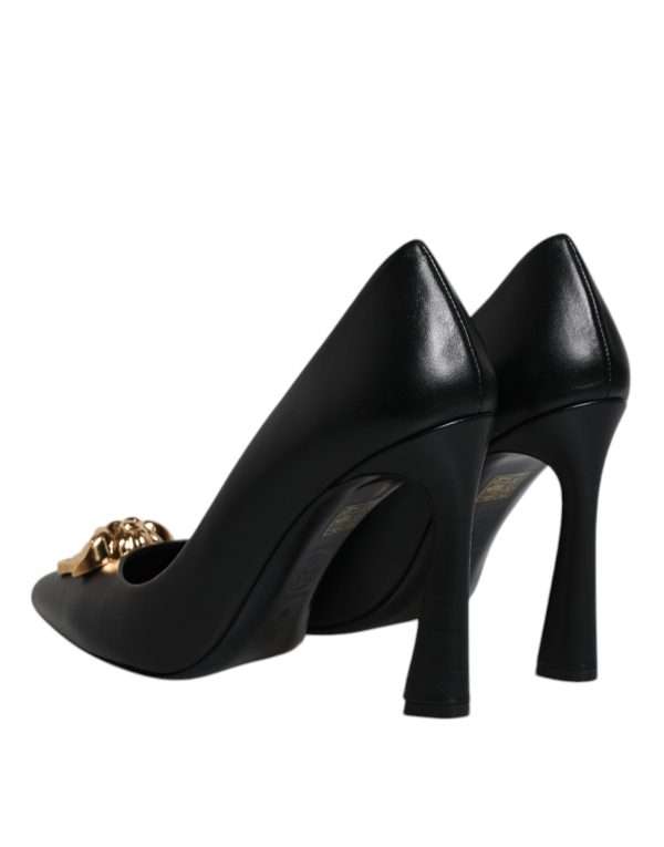 Black Leather Logo Plaque High Heels Pumps Shoes - Image 5
