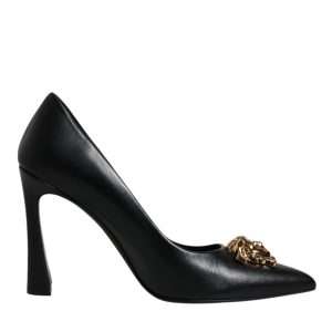 Black Leather Logo Plaque High Heels Pumps Shoes