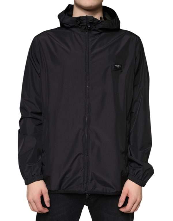 Black Polyester Hooded Men Full Zip Jacket - Image 2