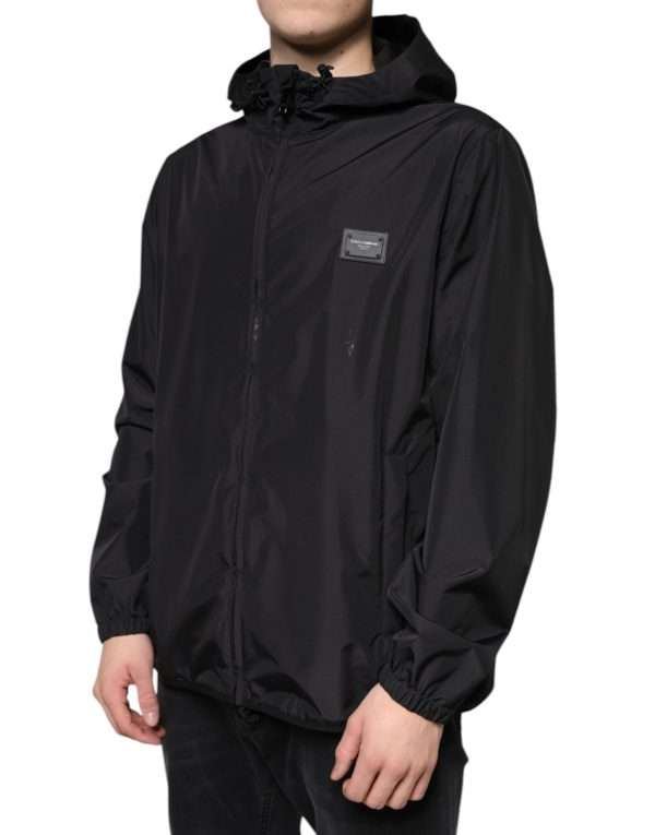 Black Polyester Hooded Men Full Zip Jacket - Image 3