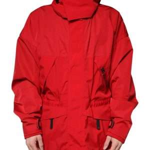 Red Nylon Hooded Men Full Zip Parka Jacket