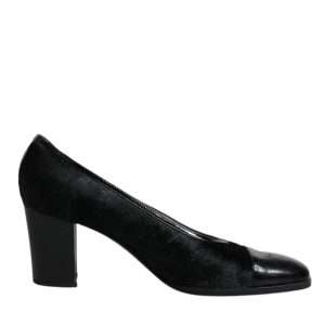 Black Leather Block Heels Pumps Shoes