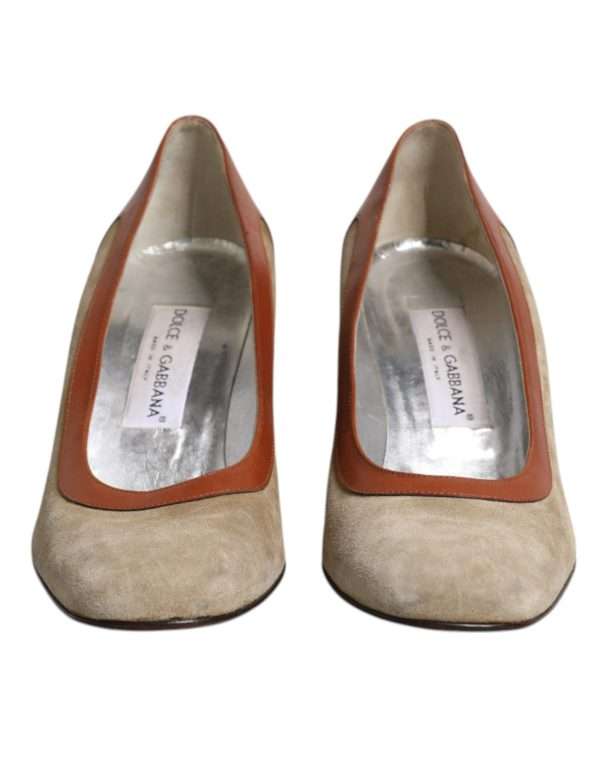 Beige Brown Leather Block Heels Pumps Shoes - Image 2