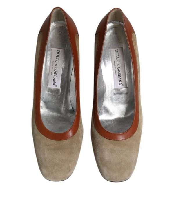 Beige Brown Leather Block Heels Pumps Shoes - Image 3