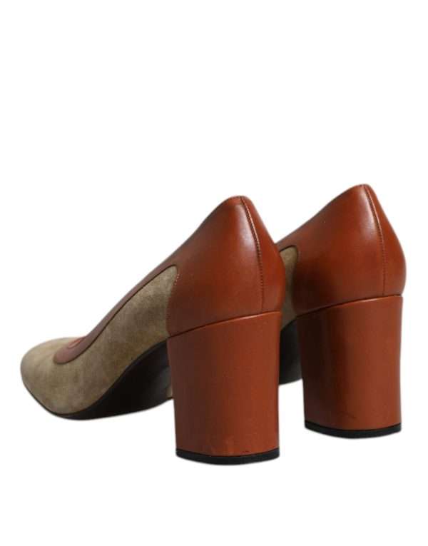 Beige Brown Leather Block Heels Pumps Shoes - Image 5