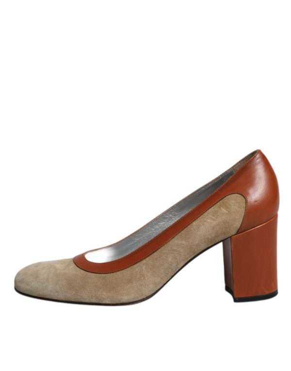 Beige Brown Leather Block Heels Pumps Shoes - Image 6