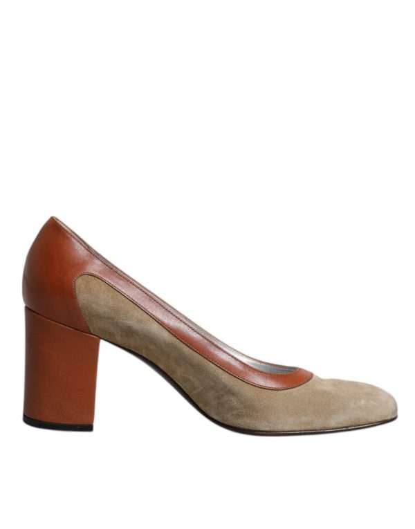 Beige Brown Leather Block Heels Pumps Shoes - Image 7