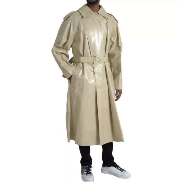 Beige Lambskin Leather Trench Coat Jacket - Image 3