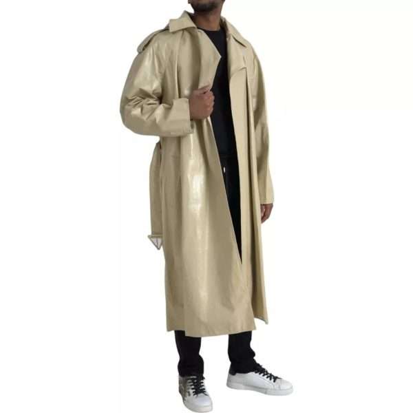 Beige Lambskin Leather Trench Coat Jacket - Image 4