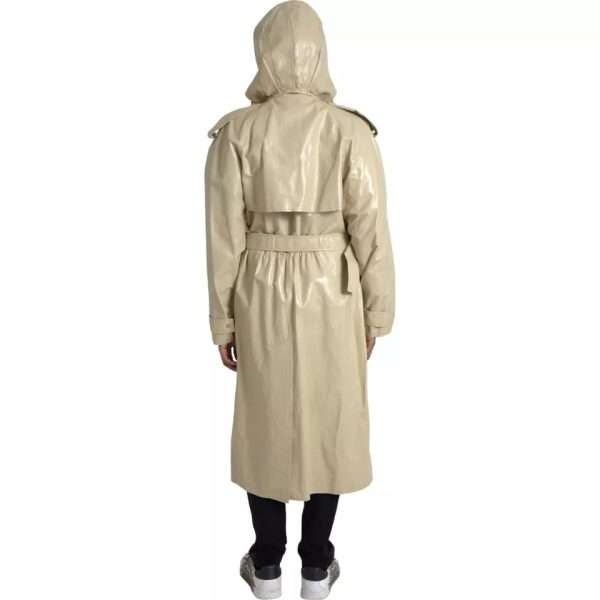 Beige Lambskin Leather Trench Coat Jacket - Image 5