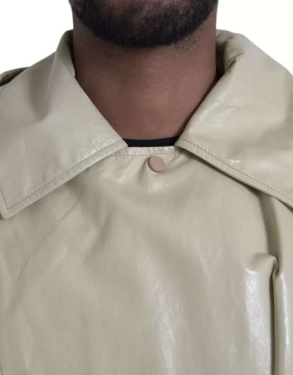 Beige Lambskin Leather Trench Coat Jacket - Image 8