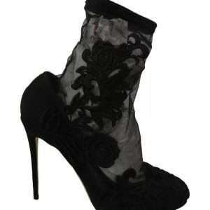 Black Tulle Stretch Floral Booties Shoes