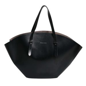 Black Leather Logo Shoulder Strap Shopping Tote Bag