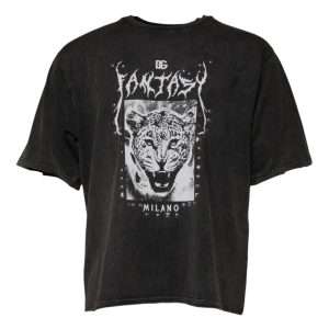 Gray Leopard Print Cotton Crew Neck T-shirt