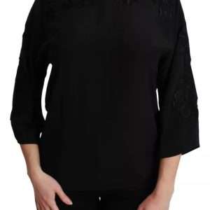 Black Floral Embroidered Blouse Silk Top