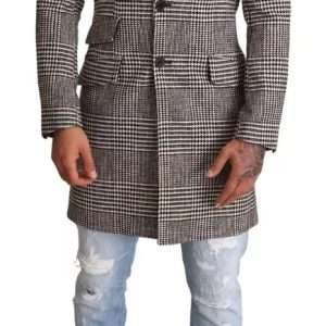 Gray Check Plaid Long Trench Coat Jacket