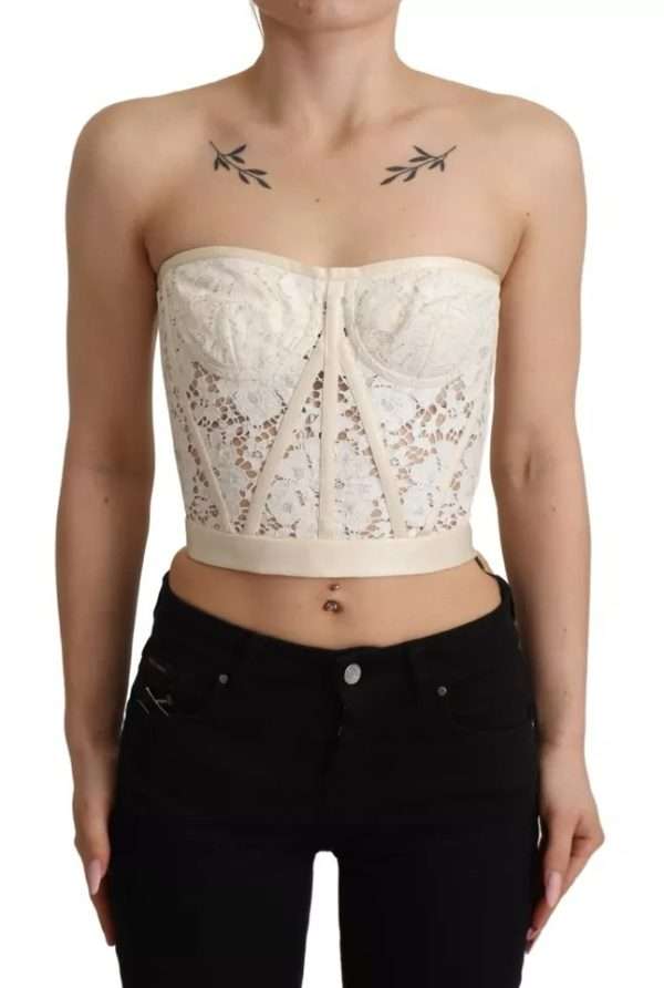 White Strapless Floral Lace Cropped Bustier Top - Image 3