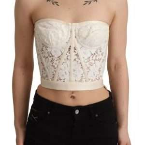 White Strapless Floral Lace Cropped Bustier Top