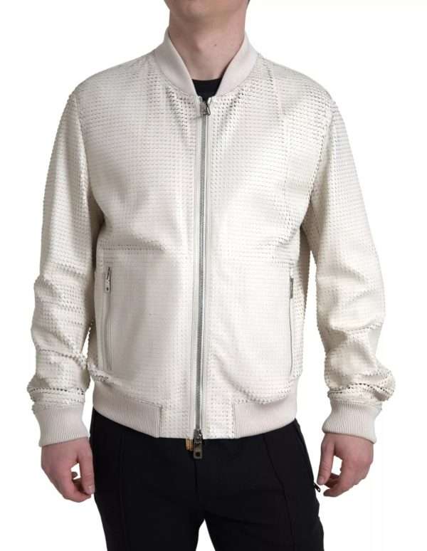Off White LeatherPerforated Full Zip Jacket