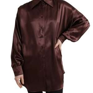 Brown Silk Collared Long Sleeves Top Blouse