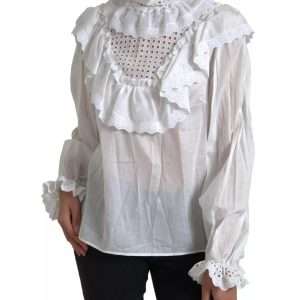 White Cotton Lace Trim Turtle Neck Blouse