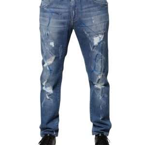 Blue Cotton Stretch Tattered Skinny Denim Jeans