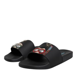 Black Divers Leather Flats Slides Sandals Beachwear Shoes
