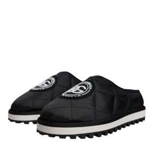 Black Nylon Quilted Logo Patch Sandals Slides Shoes