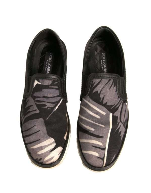 Black Canvas Tropical Print Slip On Shoes - Image 3
