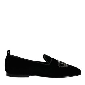 Black Velvet Crystal Crown Loafers Formal Dress Shoes