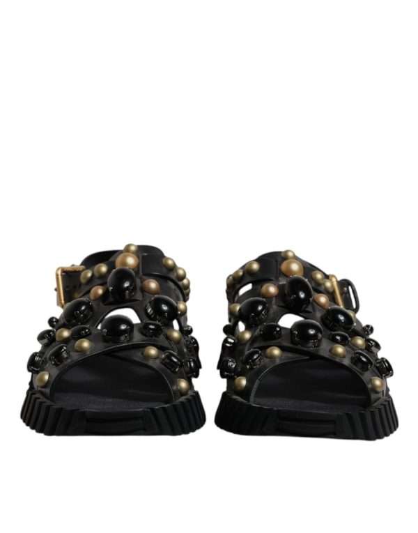 Black Leather Studded Slides Sandals Shoes - Image 2