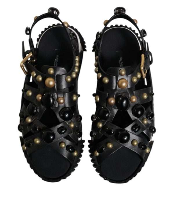 Black Leather Studded Slides Sandals Shoes - Image 3
