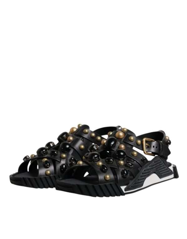 Black Leather Studded Slides Sandals Shoes - Image 4
