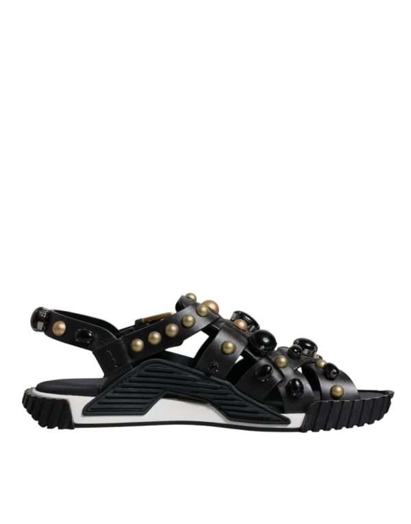 Black Leather Studded Slides Sandals Shoes - Image 7