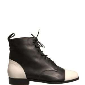 Black White Leather Lace Up Flats Ankle Boots Shoes