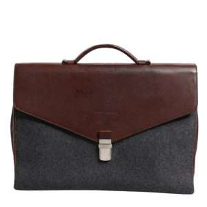 Brown Gray Leather Cognac Wool Business Tote Bag