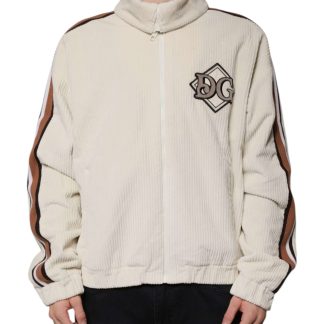 Beige Logo Applique Cotton Corduroy Full Zip Jacket