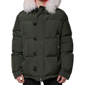 Green Hooded Long Sleeves Fur Shearling Jacket