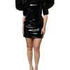 Black Patent Leather Puff Sleeves Mini Dress - Image 2