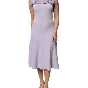 Purple Short Sleeves Floral Lace Trim A-line Midi Dress