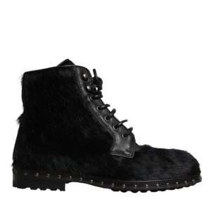 Black Pony Style Leather Mid Calf Boots Shoes