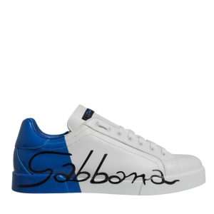 White Blue Leather Logo Low Top Sneakers Shoes