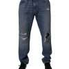 Blue Tattered Cotton Straight Denim Jeans - Image 2
