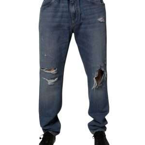 Blue Tattered Cotton Straight Denim Jeans